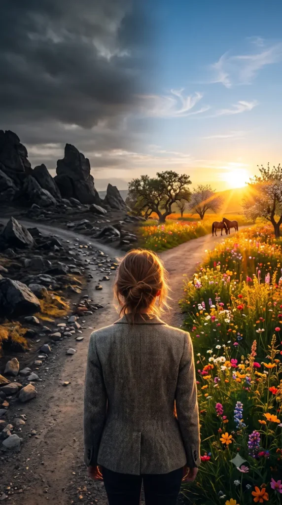 Mind your thoughts. Woman choosing path to walk.