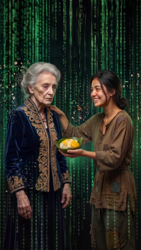 Girl giving food to rich woman in Matrix